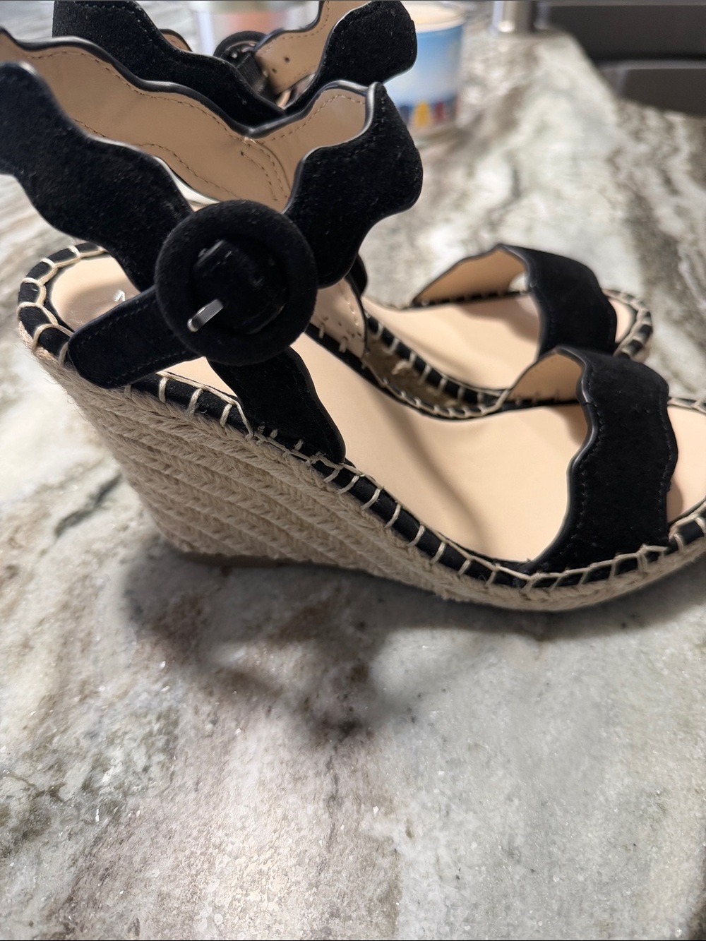 Marc Fisher Black Scalloped Suede Espadrille Wedges - Picture 2 of 10